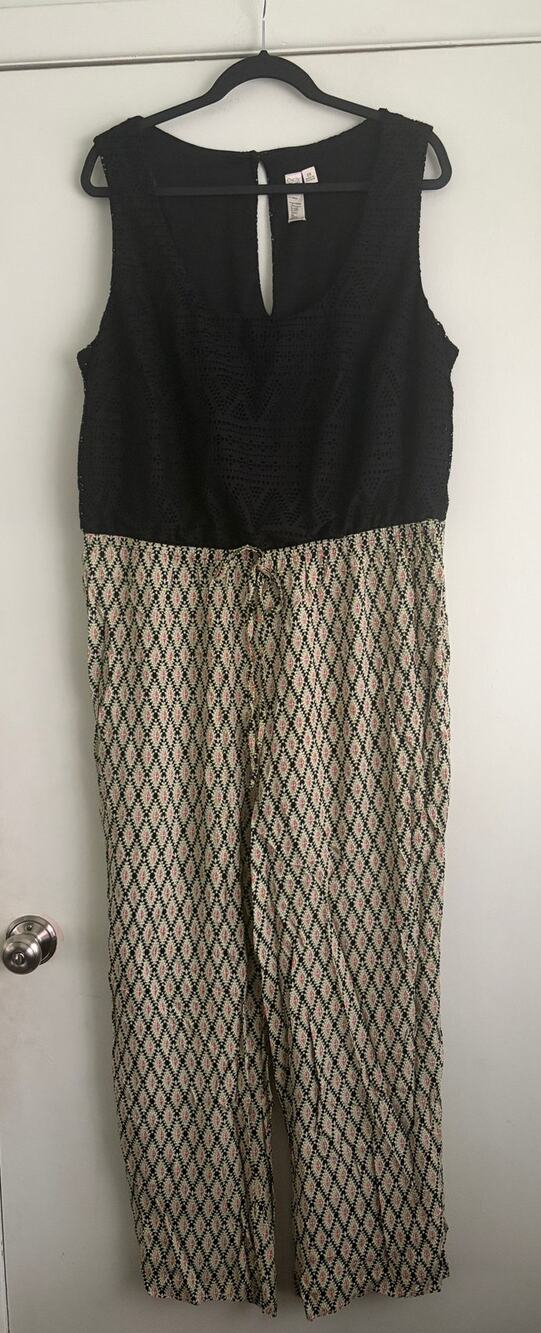 Emma & Michele Eyelet Lace Wide Leg Mixed Media Jumpsuit Black 2X